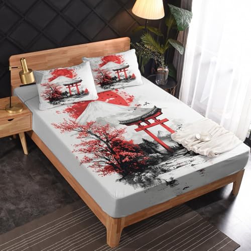 Zvynqour - Juego de sábanas japonesas Torii tamaño individual XL, juego de sábanas de estilo japonés, ropa de cama de 3 piezas con bolsillo de 16 pulgadas de profundidad, decoración de recámara