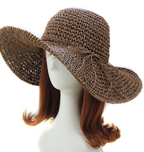 Idealgo Hot Sale Bohemia Fashion Korean Floppy Summer Bow Women's Straw Sun Hat Cap Roll-up Crocheted Sun Hat for Holiday Travel Beach Swimming Beach