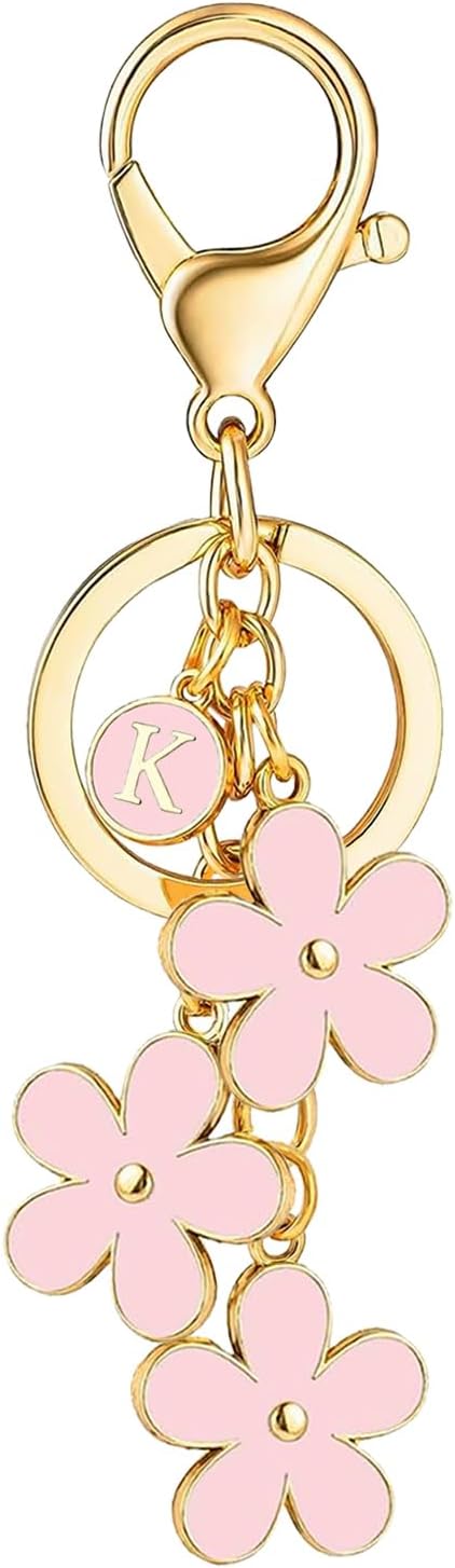 Flower Initial Keychain for Women Flower Charms Pink Letter Keyring for Backpack Handbag Flowers Bag Charms