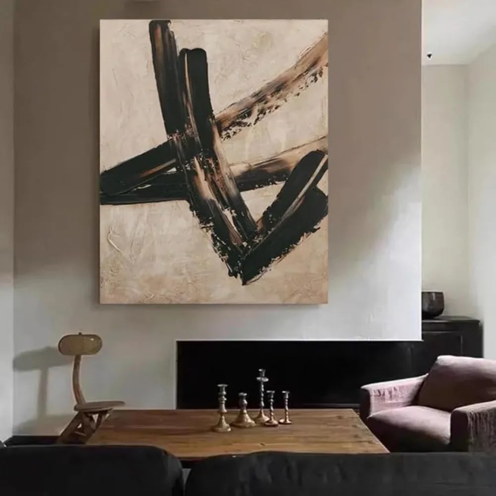 GOSRD Canvas Prints Geometric Abstract Line Art Black Lines On Beige Brush Painting Modern For Home Office Decor(60x80CM/Frameless)