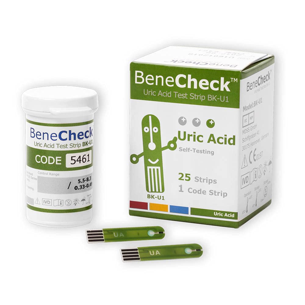 BeneCheck Harnsäure Teststreifen 25 Stück und Kontrolllösung im Bundle