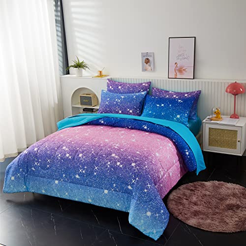 Inron Blue Glitter Comforter Sets For Girls Women,Full/Queen Size 5-Pieces Bed In A Bag Ultra Soft Microfiber Comforter And Sheet Sets, All Season Durable Bedding Set(Blue,Full/Queen) #TOP1