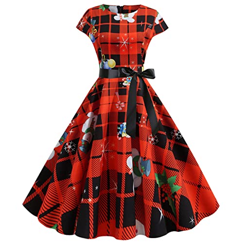 Weihnachtskleid Damen Rundhals Weihnachtsmann Aufdruck Abendkleid Elegant Vintage Kurzarm Cocktaikleider Frauen Partykleid Retro Cocktailkleid...