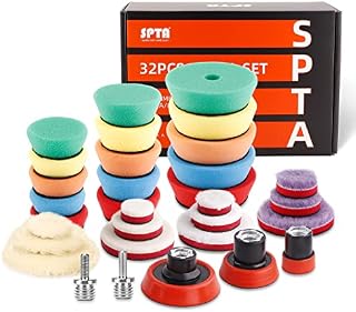 SPTA Mini gąbka polerska, 32-częściowa, 25 mm, 50 mm i 80 mm, gąbka polerska, tarcza polerska M14, adapter do wiercenia do mimośrodowej maszyny polerskiej