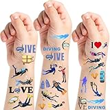 384PCS Diving Temporary Tattoos Stickers Diver Underwater World Themed Birthday Baby Shower Party Decorations Supplies Favors Tattoo(24 Sheets)