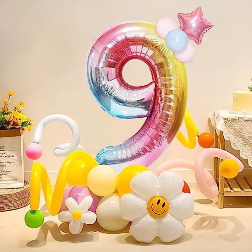 Image of 40 Inch Giant Rainbow Number 9 Balloons, Birthday Balloons, Helium Mylar Foil Big Number Balloons for Birthday Party Decorations, Kids' Birthday Anniversary Party Baby Shower Unicorn Parties
