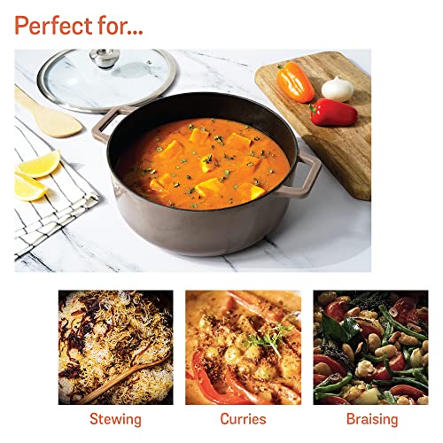 Image of Meyer Enamel Cast Iron Sauteuse | Dutch Oven with Induction Base | Non-Toxic, Chemical-Free | No Seasoning Required | Dutch Oven with Lid 26 CM | Life time Warranty, Grey