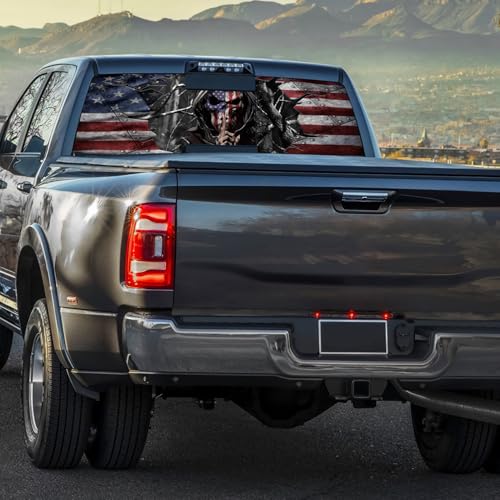 Image of American Flag & Skull Rear Window Decal for Truck, Car, SUV (65x17in) - Red, White, Blue - Vinyl - Waterproof - Outdoor Use