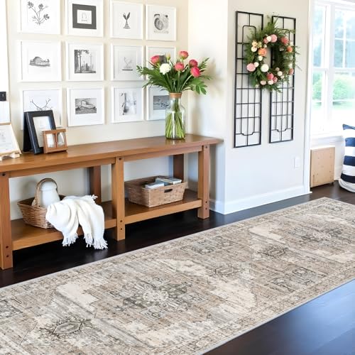 RUUGME Washable Runner Rug 3x10 - Vintage Hallway Carpet Runner for Living Room Kitchen Stain Resistant Rugs Tribal Carpets with Non Slip Backing Floor Decoration Mat for Bedroom Bathroom 3x10 Beige