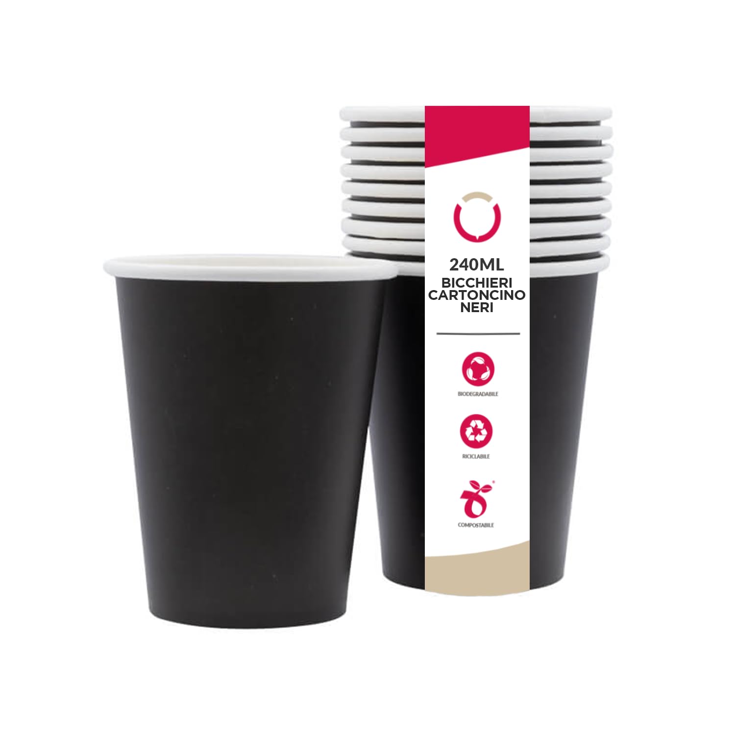 DOT Horeca Solutions 500 Bicchieri NERI in cartoncino 240 ML carta monouso usa e getta acqua caffè the cappuccino cioccolata bicchiere nero bevande calde biodegradabili compostabili e riciclabili