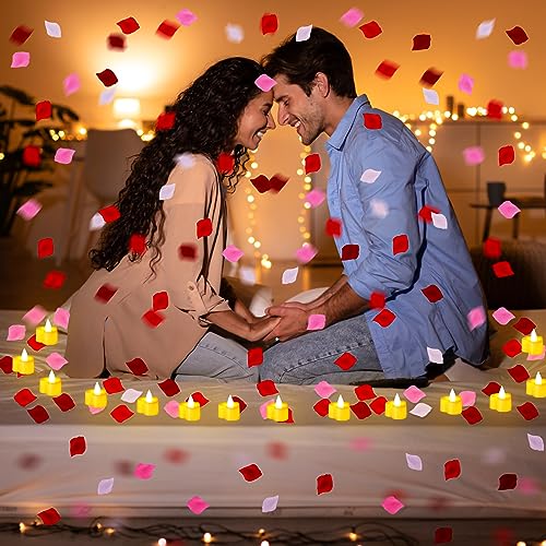 Image of Honoson 1000 Pieces Artificial White Yellow Rose Petals with 24 Pcs Flameless Heart Shaped LED Tealights Candles Special Romantic Night Decorations for Proposal Wedding Anniversary Table Decor