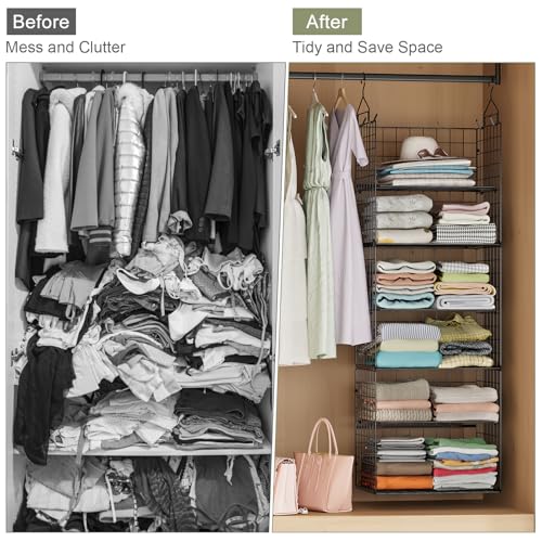 Image of Hanging Closet Organizer and Storage - 8 Tier Closet Hanging Organizer Shelves, Metal & Foldable Hanging Storage Organizer Baskets with Adjustable Dividers for Clothing Sweaters Shoes Handbags