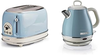 Ariete Vintage 155 Grille-Pain 2 Tranches, 810 Watts, 6 Niveaux & Vintage 2868 Bouilloire Électrique en Acier Inoxydable pour Infusions, Thés et Tisanes, Système de Mise Hors Tension, Bleu Clair
