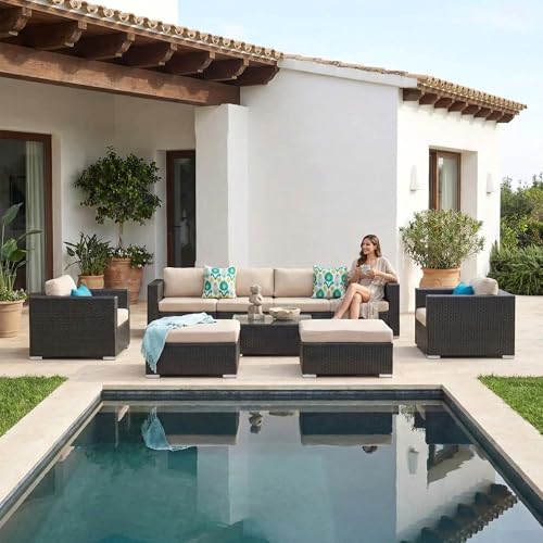 Image of OUTLIVING 6-Piece Patio Furniture Set Outdoor | 8 Seater Manual Weaving HDPE Wicker Sectional Sofa with Ottomans, Center Table & Cushions Couch Set | Ideal for Porch, Lawn, Garden (Dark Brown & Cream)
