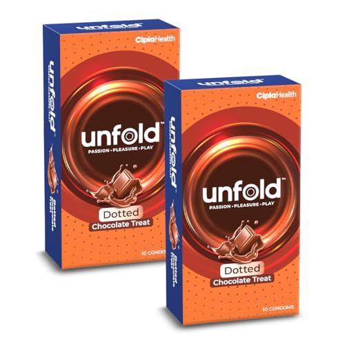 Image of Cipla UNFOLD Chocolate Dotted Condoms | Premium Latex, Lubricated for Comfort | Chocolate Flavoured | Pack of 2 (10 Count Each)