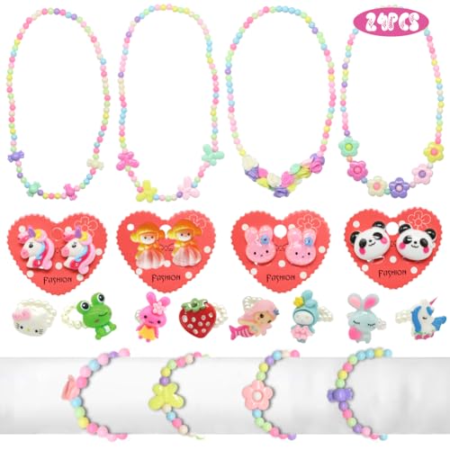 24 Pcs Necklaces Bracelets Toys Set, Colorful Beaded Necklaces Bracelets Rings Earrings with Flower Unicorn Mermaid for Dress up Play Costume Gifts, Easter Basket Stuffer