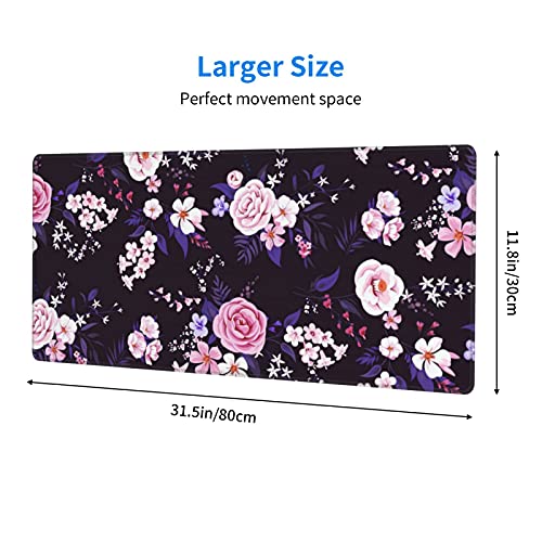 Image of Flower Gaming Mouse Pad 31.5x11.8 Inch with Stitched Edges Extended Waterproof Floral Desk Pads Non-Slip Rubber Base Large Keyboard Mat Computer Gaming Mousepad for Work /Office /Home