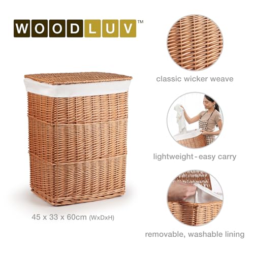 Woodluv Brown Rectangular Laundry Linen Steamed Willow Wicker Basket with Lining, Large, 44 X 33 X H 60 cm - Image 2