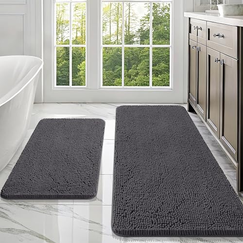 Image of OLANLY Bathroom Rugs Sets 2 Piece, Soft Absorbent Chenille Bath Mats Area Rug Set, Non-Slip, Quick Dry, Machine Washable Bath Mats for Bathroom, Home Decor Accessories (47 inchx20 inch+30 inchx20 inch, Dark Grey)