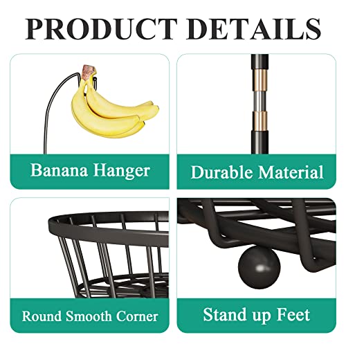 2-Tier Fruit Basket Bowl Stackable Vegetable Storage With Banana Tree Hanger Stand For Kitchen Countertop, Metal Wire Basket For Bread Onions Potatoes Black #TOP4