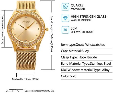 ManChDa Women's Wrist Watch Crystal Mesh Stainless Steel Strap Ladies Quartz Diamond Classic Fashion Romatic + Jewelry Cuff Bracelet Set(Yellow/Silver Rosegold)