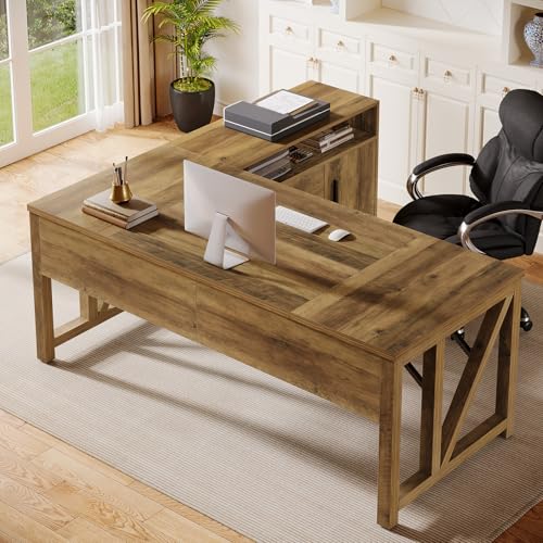 Image of Tribesigns L Shaped Desk with Drawer Cabinet, 63 inch Executive Computer Desk and lateral File Cabinet, 2 Piece Home Office Furniture with Drawers for Hanging, Door