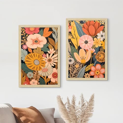 Image of ArtX Paper Boho Art Paintings with Frame for Home Decor, Floral Wall Painting for Living Room, Multicolor, Natural Wood Color Frames, Set of 2