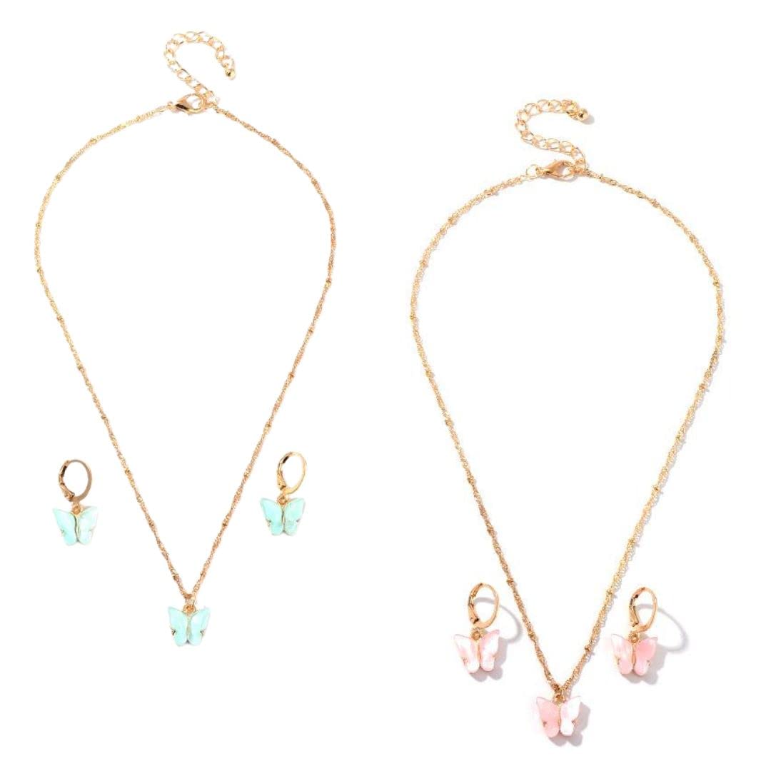 Tresneria® Womens Blue Pink Butterfly Pendant Necklace With Earrings (B0B8CFHWF4) Amazon Price History, Amazon Price Tracker