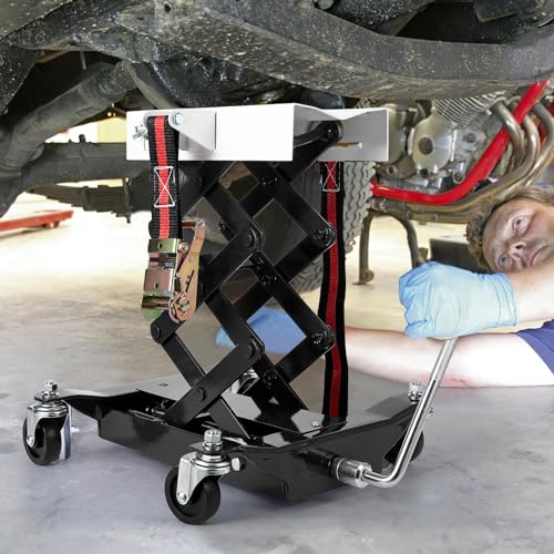 Image of GarveeTech Low Profile Transmission Jack 450 LB Capacity, 7-23 in Lift Range, Auto Repair Car Lift Jack with Double Scissor Design, Safety Locking Straps & 4 Swivel Wheels for Home Garage, Black