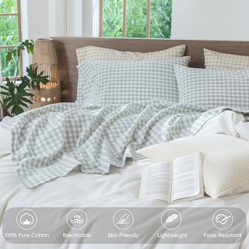 Image of MooMee Gingham Sheet Set 100% Washed Cotton Linen Like Textured Breathable Soft w /Fully Elasticized 16-19 inch Deep Pocket (Classic Gingham Northern Droplet Grey, Queen)