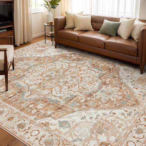 Deerly Large Washable Living Room Rugs 9x12 Boho Vintage Area Rug Indoor Bedroom Carpet with Non Slip Rubber Backing for Under Dining Table Office Farmhouse, Caramel/Beige/Multi