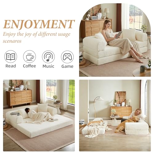 Image of 78 Inch Convertible Futon Sofa Bed,Folding Boneless Couch with Sleeper Sofa,Fold Out Floor Sofa Couch with Deep Seat,Cloud Corduroy Foldable Mattress Couches for Living Room(Off White)