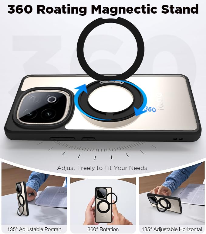 Image of RIGGEAR Shockproof Sleek Hybrid Armor 360 Rotating Magnetic Ring Stand Back Cover Case Compatible with MagSafe Accessories for iQOO Neo 10 5G (Clear PC + Black TPU Bumper)