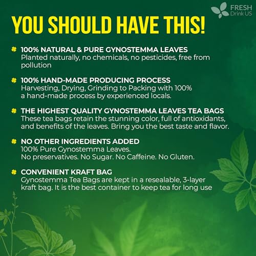 Image of FreshDrinkUS, Premium Gynostemma Tea Bags (Jiaogulan) | 75 Count | Naturally Smooth & Earthy Caffeine-Free Herbal Tea - Plant-Based Tea Bags for Daily Enjoyment. Caffeine Free, Sugar Free. Vegan