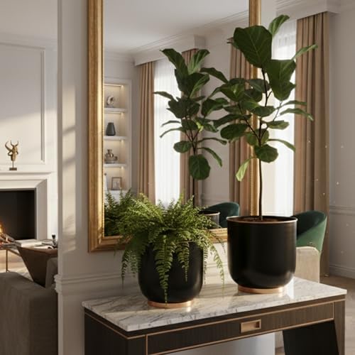 Image of Metal Planters Set of 2 Black (28 cm & 23 cm) with Drain Hole | Large Indoor Plant Pots for Living Room Balcony Office | Modern Decorative Metal Planters for Home Decor