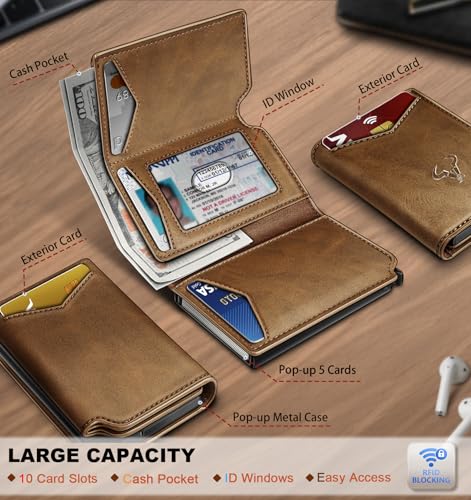 Image of BULLIANT Men Wallet Leather Wallet Card Holders Money Clip for Men 10Cards-Magnetic Flip on Metal Case