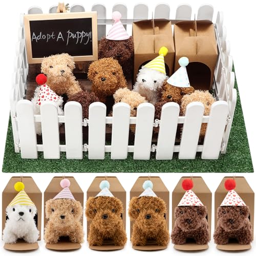 56Pcs Adopt A Puppy Party Favors Mini Plush Stuffed Animals Set Includes 14 Mini Dogs, Birthday Hats, White Plastic Fence with Artificial Lawn for Adopt A Pet Theme Birthday Party