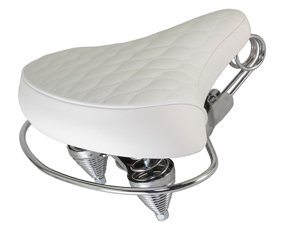 ALTALINE Bicycle Saddle Classic White Diamond Web Spring Style Seat with Chrome Rail Handle