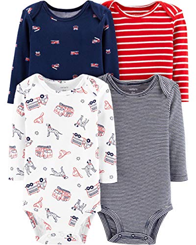 Carter's Baby Boys' 4-Pack Long Sleeve Original Bodysuits (Fire Station/Stripes, 6 Months)