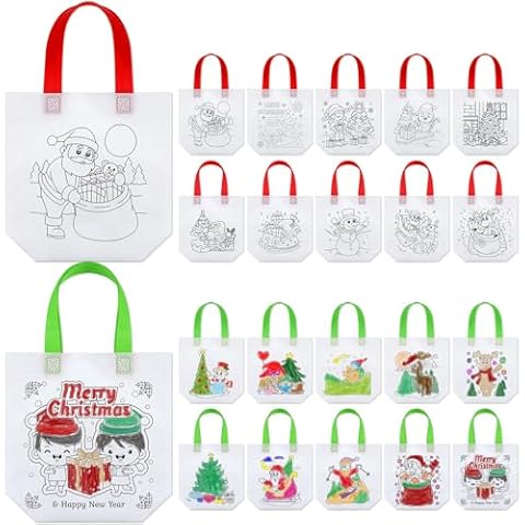 Abbylike 100 Pcs Christmas Color Your Own Bag Christmas Reusable Party Favor Bags Christmas Party Goodie Bags Christmas Coloring Goodie Bags Christmas Return Gift Bags for Kids DIY Painting, 10 Styles Cover