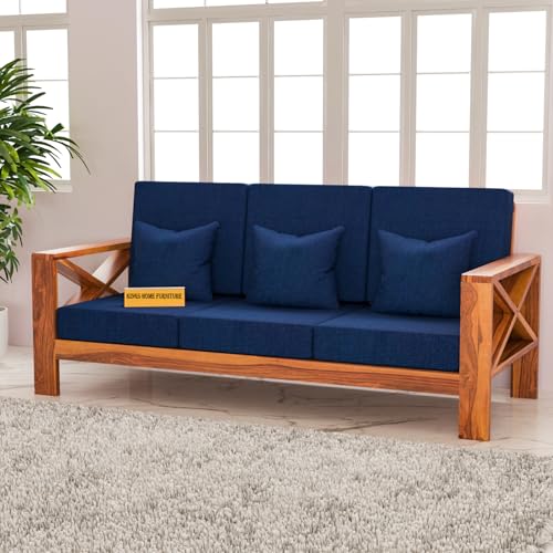 Image of KINGS HOME FURNITURE Sheesham Wooden 3 Seater Sofa for Living Room | Rosewood 3 Seater Cushion Sofa X-Legs | Solid Wood Sofa Set for Lounge (3 Seater,Honey Finish)