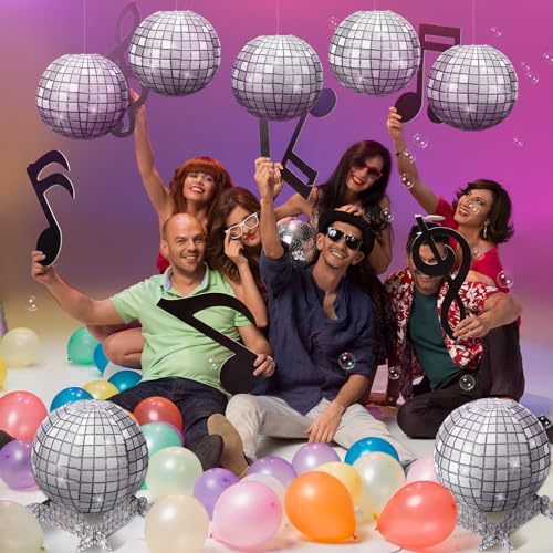 Image of Bencailor 12 Pcs Disco Paper Lanterns 70s Retro Hanging Decorative Lantern with Stand 12 inch Silver Disco Ball Lantern Round Table Lanterns for Disco Party Supplies Centerpieces Anniversary Birthday