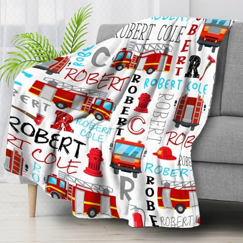 Image of Fire Trucks Firefighter Custom Blanket Gifts Personalized Fire Trucks Throw Blankets for Boys Girls Super Soft Fleece Flannel Air Conditioning Blanket for Couch Bed 80x60 in for Adult