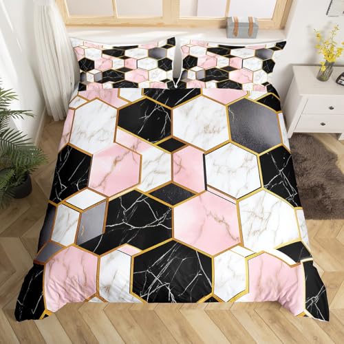 Housse de couette marbre noir blanc rose et 2 taies d'oreiller géométriques