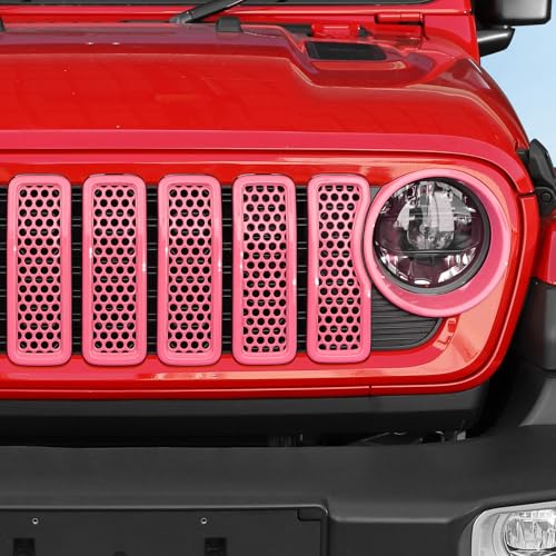 Image of 9PCS Headlight Cover & Front Grill Mesh Inserts Compatible with Jeep Wrangler JL JLU 2024+, NOT FIT JL Sport /Sport S (Pink)