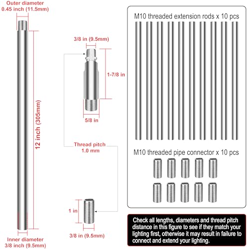 Image of 10 Pieces 12-inch M10 Threaded Extension Poles Lighting Fixture Downrods Stems & 180 Degrees Sloped Ceiling Adapter Kits for Pendant Light, Island Lighting, Chandeliers (Chrome)