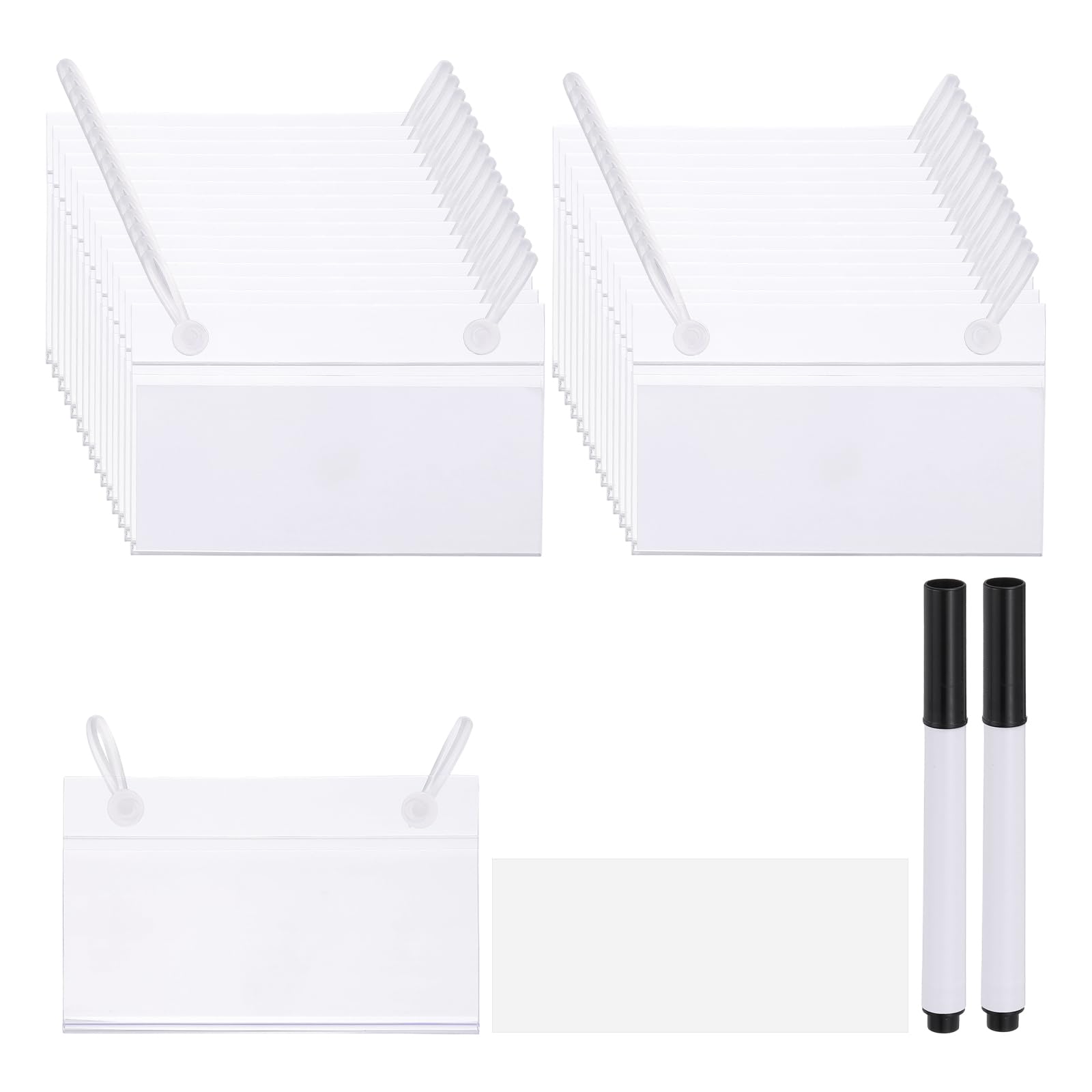 PATIKIL 3.5" x 2.2" Basket Labels Holders, 30 Pack Reusable Plastic Wire Shelf Label Holder Tag Display Clip with Button Lock with Paper Inserts Pens for Home Market Store, Clear