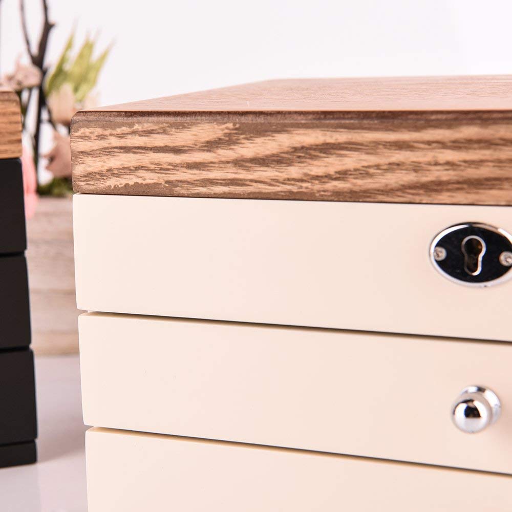 Wooden Jewelry Organizer Box,Lockable Mirrored Jewelry Storage Case for Necklaces Bracelets Earrings Rings Watches - Beige