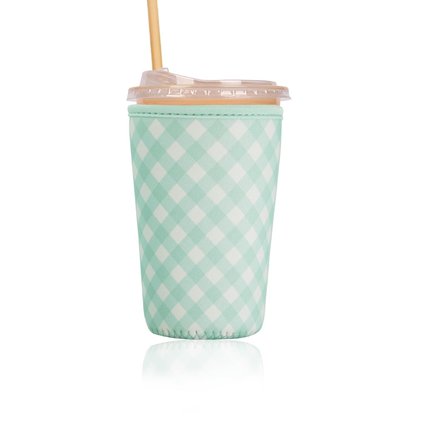 Reusable Insulated Sleeve for Iced Coffee Cup, Coffee Neoprene Sleeve for Cold &amp; Hot Drinks, Beverage Holder for Iced Coffee (Sage Gingham, Medium: 22-24oz)