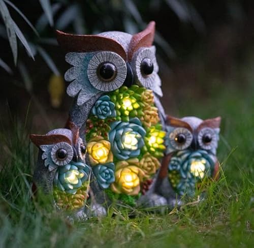 image for MXwcy Owl Garden Outdoor Statue, Solar Figurine LED Lights, Succulent 